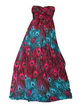 🌹🌹Strapless Peacock Print Maxi Dress - Vibrant Pink & Teal